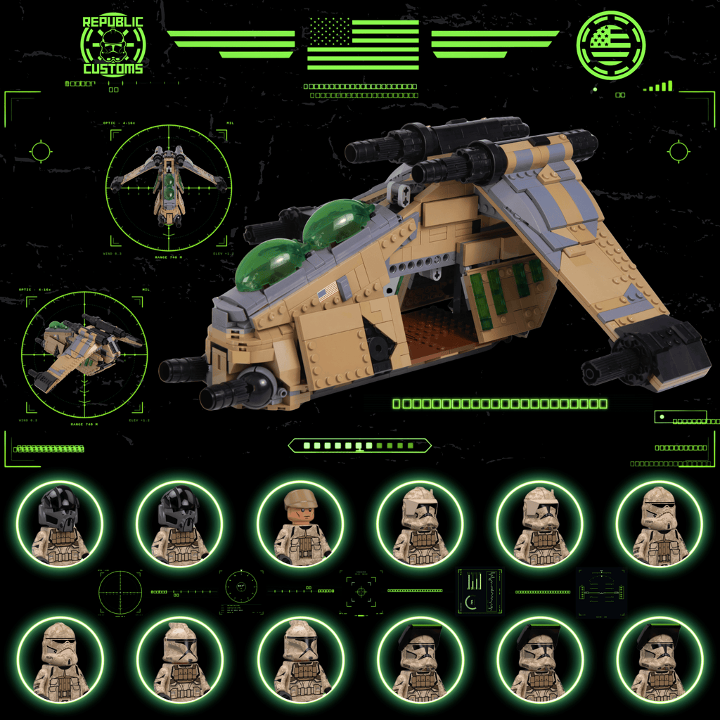 Tactical Gunship desert camo Republic gunship building set with all 12 camo clone trooper minifigures