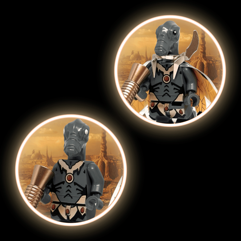 Grey Geonosian w/ Rose Gold Armour + Zombie Head — custom Star Wars minifigure on premium 1:1 bricks