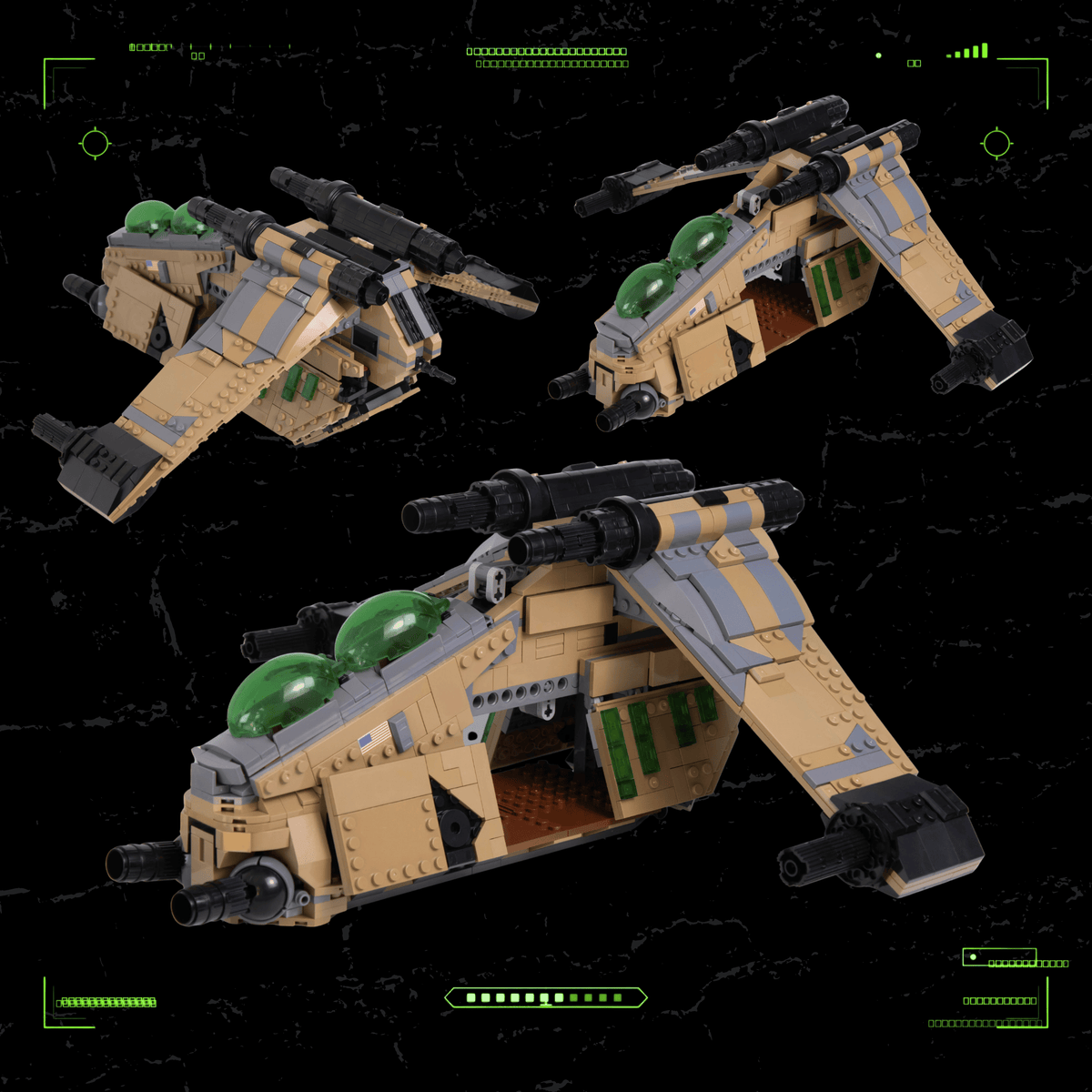 Desert camo Republic gunship custom brick set shown from three angles