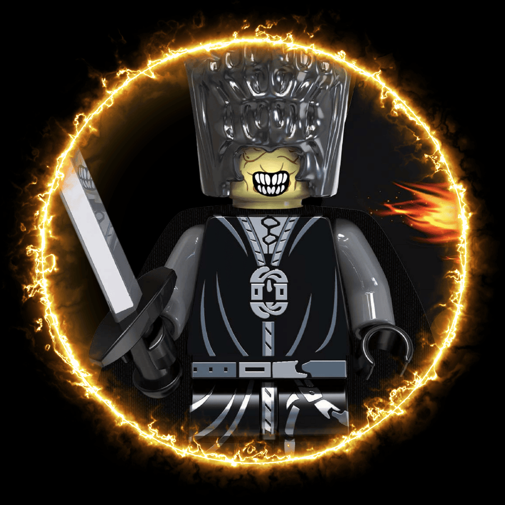Mouth of Sauron custom minifigure - tall black helm, grinning face and sword