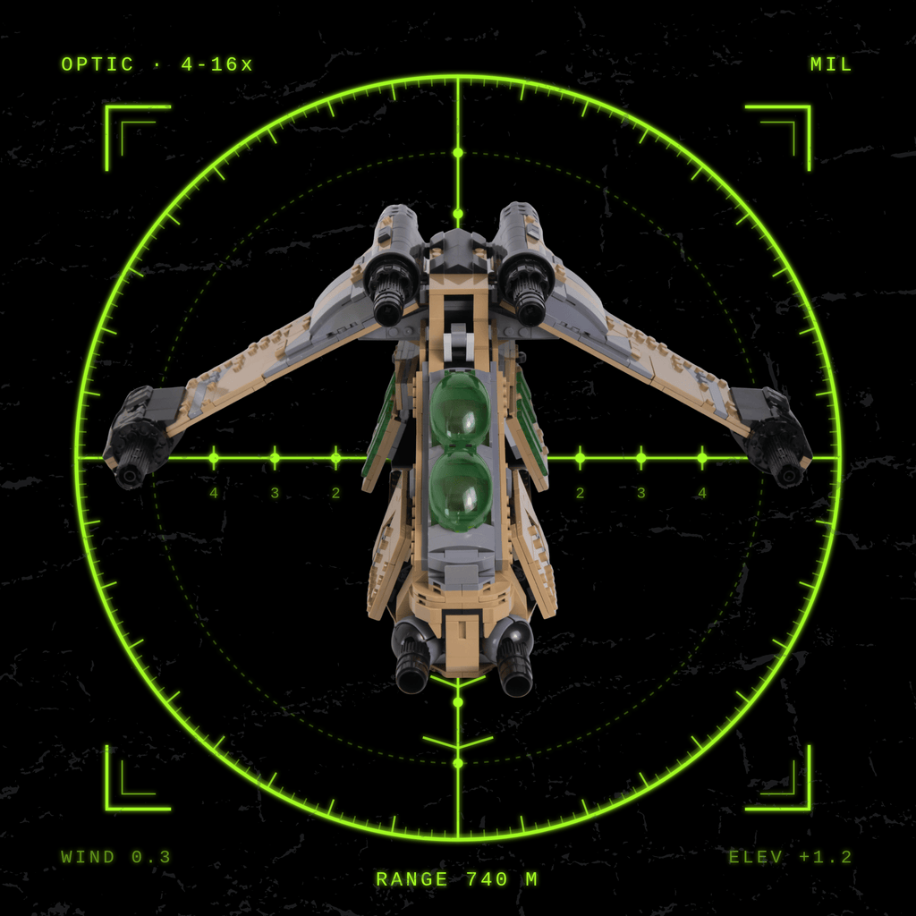 Top-down view of the desert camo Republic gunship with wings and cannons extended