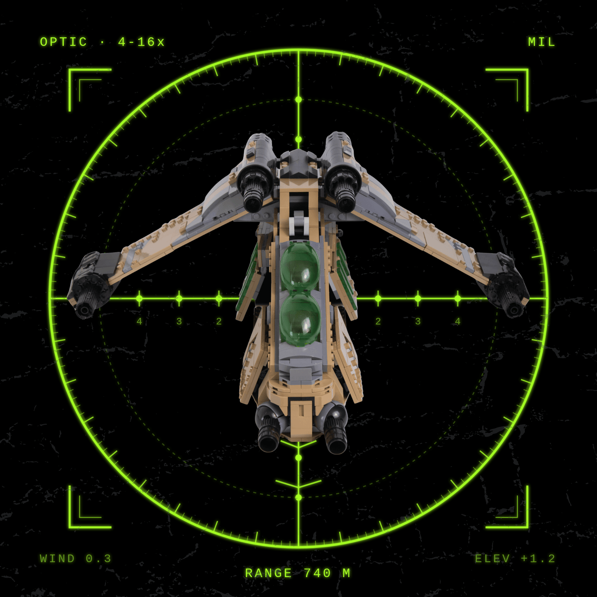 Top-down view of the desert camo Republic gunship with wings and cannons extended