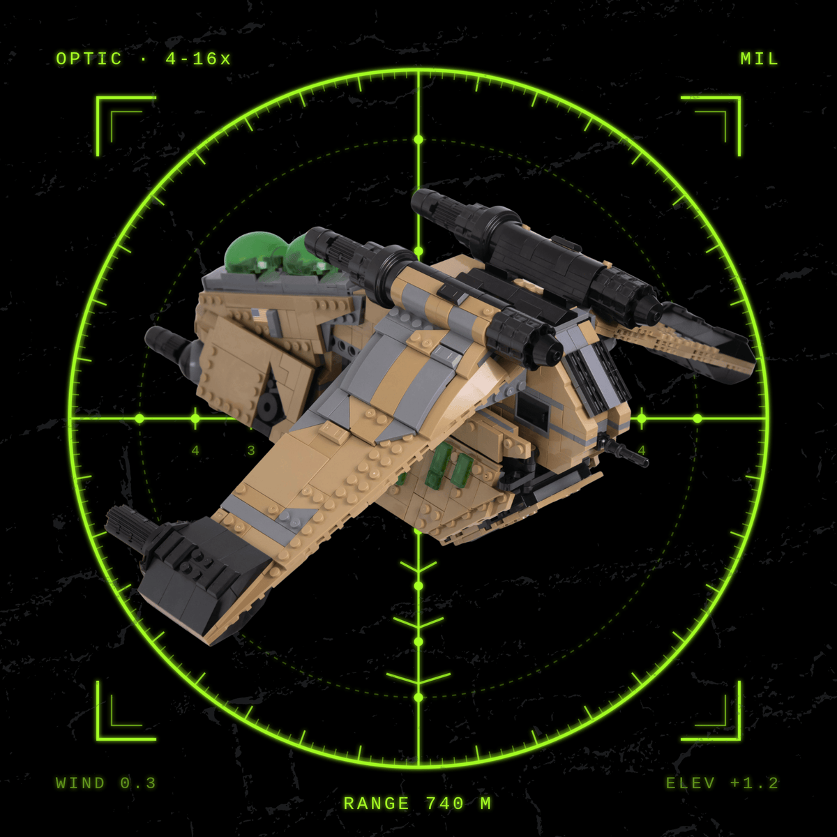 Desert camo Republic gunship banking, wing cannons and side turrets visible