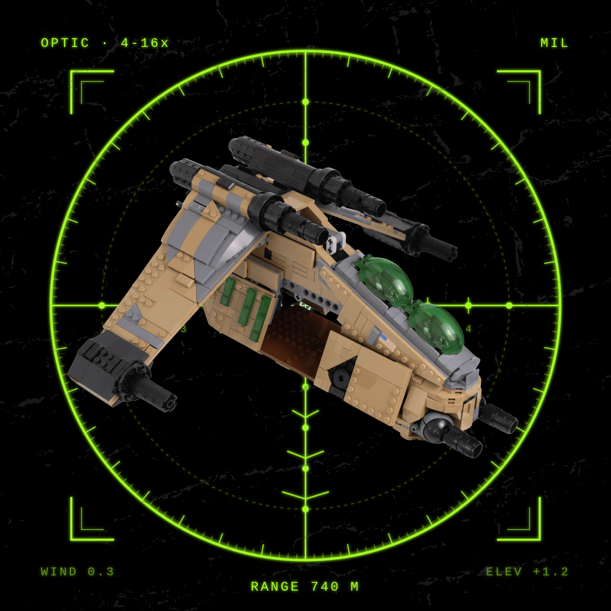 Side view of the desert camo Republic gunship with its troop bay open