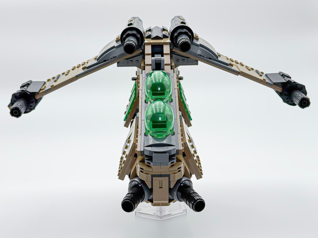 Front view of the desert camo Republic gunship with twin green canopies and wing cannons