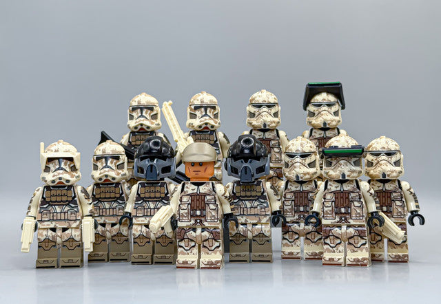 All 12 desert digital camo clone trooper minifigures lined up in formation