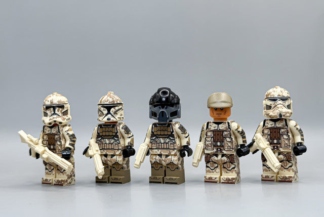 Five desert camo clone troopers armed with blaster rifles