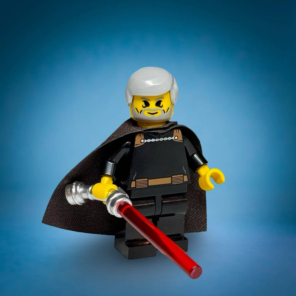Retro Complete Saga style Count Dooku custom minifigure with cape and curved-hilt red lightsaber - view 5