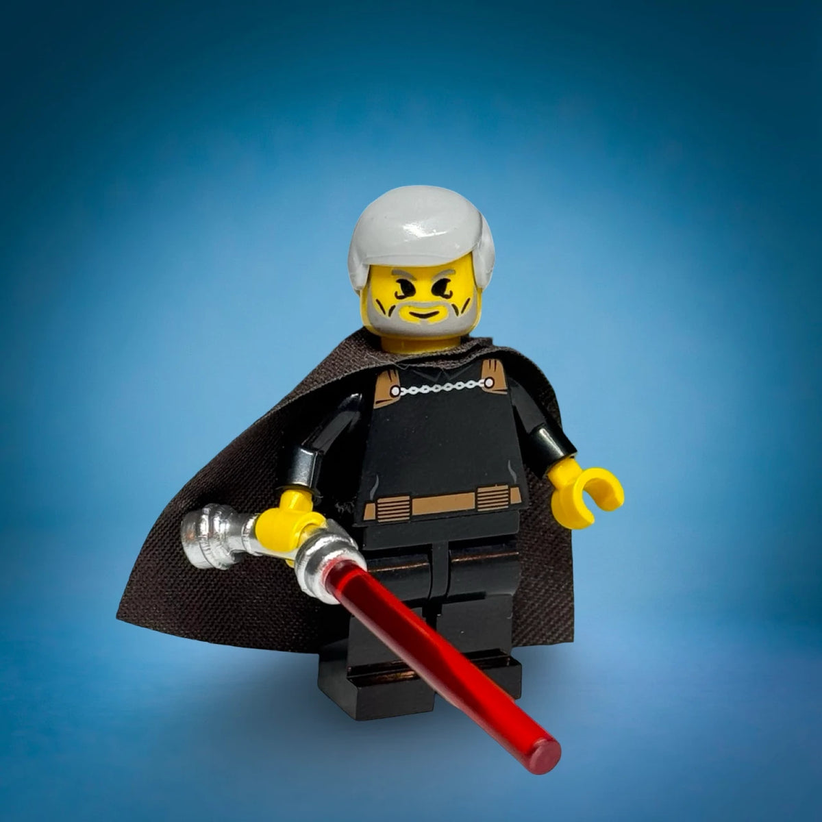 Retro Complete Saga style Count Dooku custom minifigure with cape and curved-hilt red lightsaber - view 5
