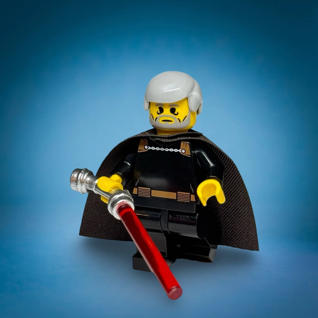 Retro Complete Saga style Count Dooku custom minifigure with cape and curved-hilt red lightsaber - view 7