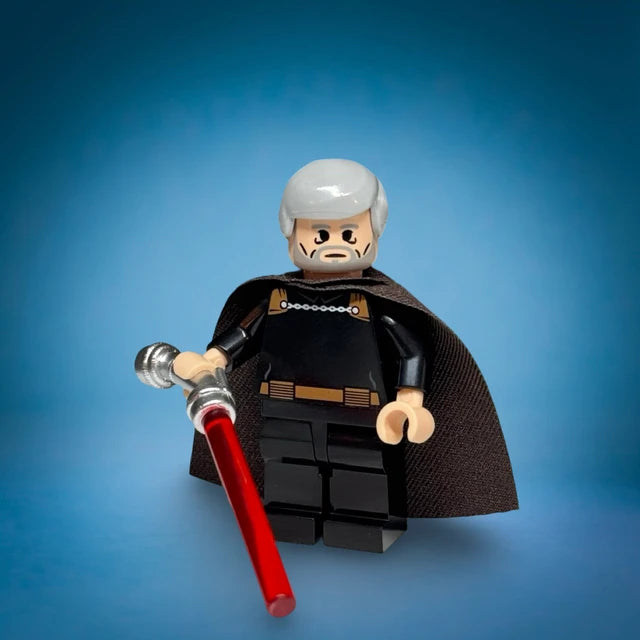 Retro Complete Saga style Count Dooku custom minifigure with cape and curved-hilt red lightsaber - view 4