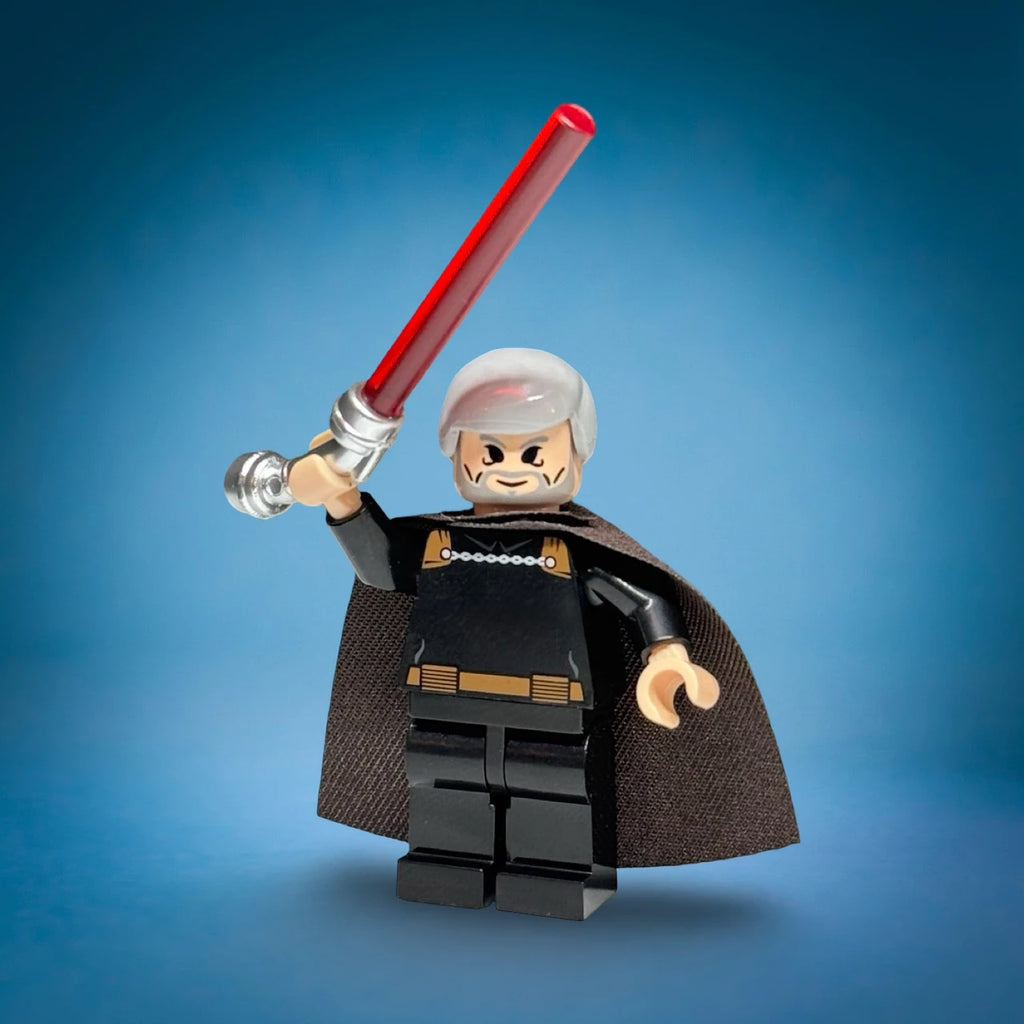 Retro Complete Saga style Count Dooku custom minifigure with cape and curved-hilt red lightsaber - view 6