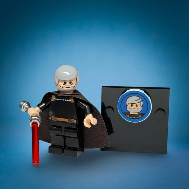 Retro Complete Saga style Count Dooku custom minifigure with cape and curved-hilt red lightsaber - view 3