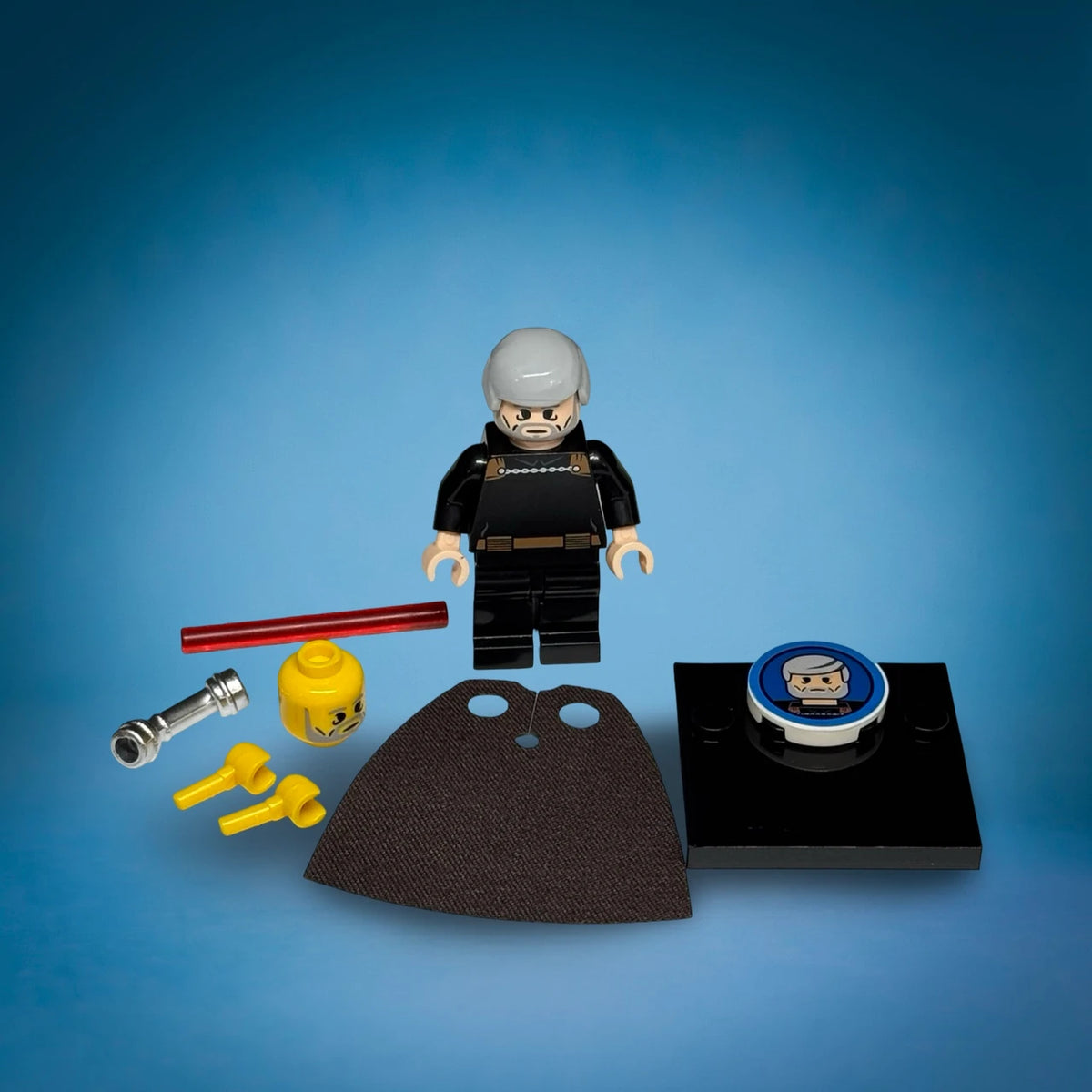 Retro Complete Saga style Count Dooku custom minifigure with cape and curved-hilt red lightsaber - view 2